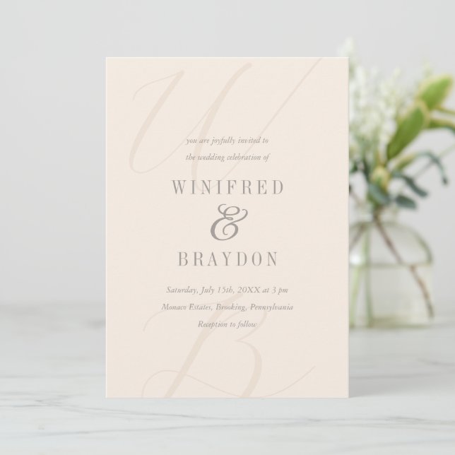 Modern Elegant Minimalist Linen Monogram Wedding  Invitation (Standing Front)