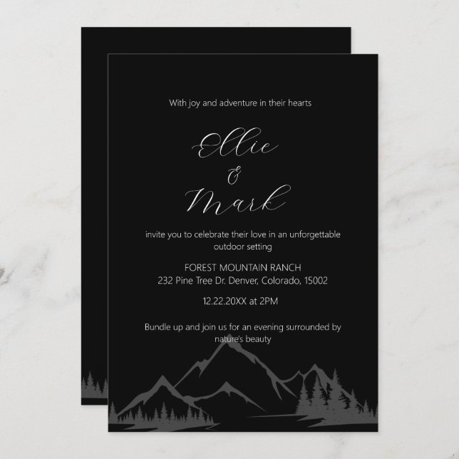 Modern Elegant Minimalist Mountain Black Wedding  Invitation (Front/Back)