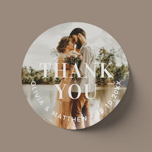 Modern elegant minimalist photo wedding thank you classic round sticker