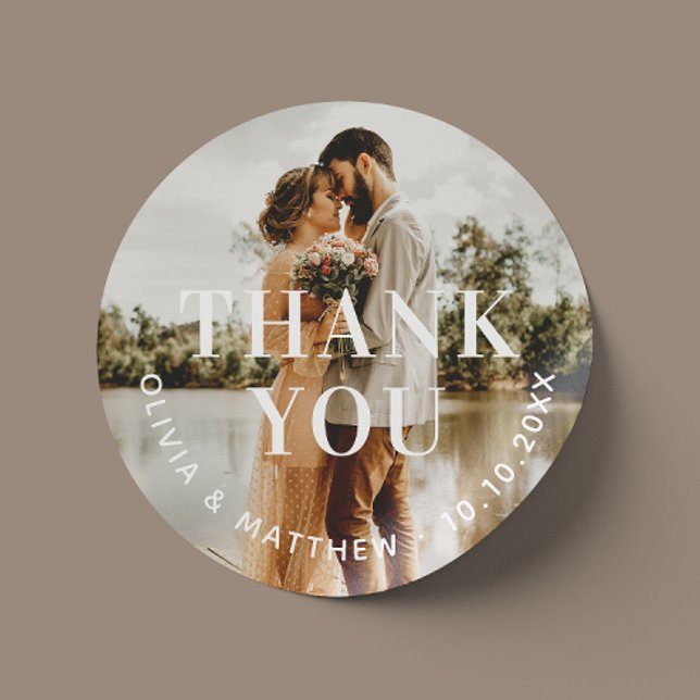 Modern elegant minimalist photo wedding thank you classic round sticker (Creator Uploaded)