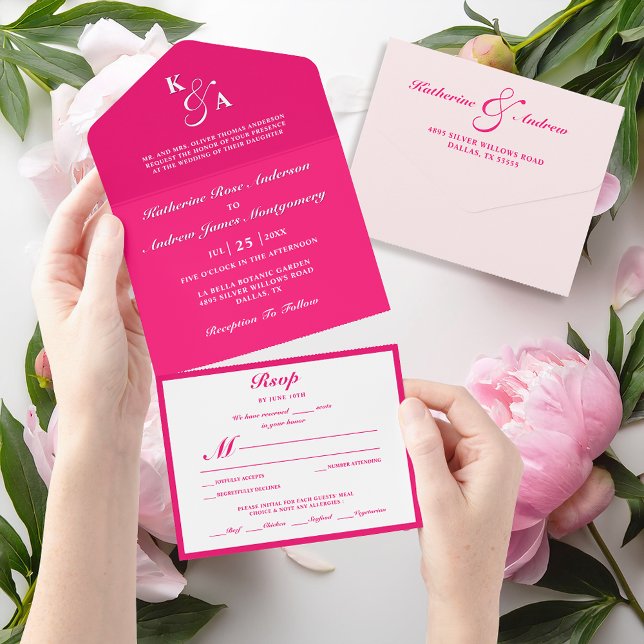 Modern Elegant Minimalist Pink Monogram Wedding All In One Invitation (Creator Uploaded)