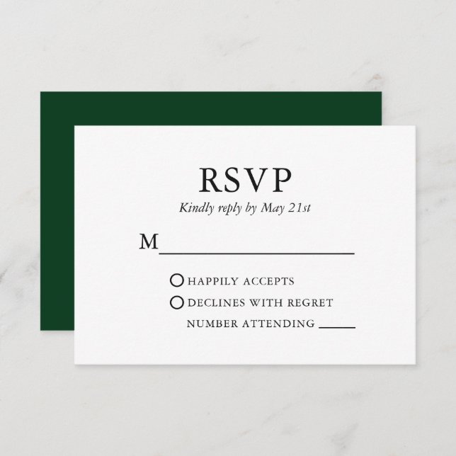 Modern Elegant Minimalist Wedding Green RSVP Card (Front/Back)