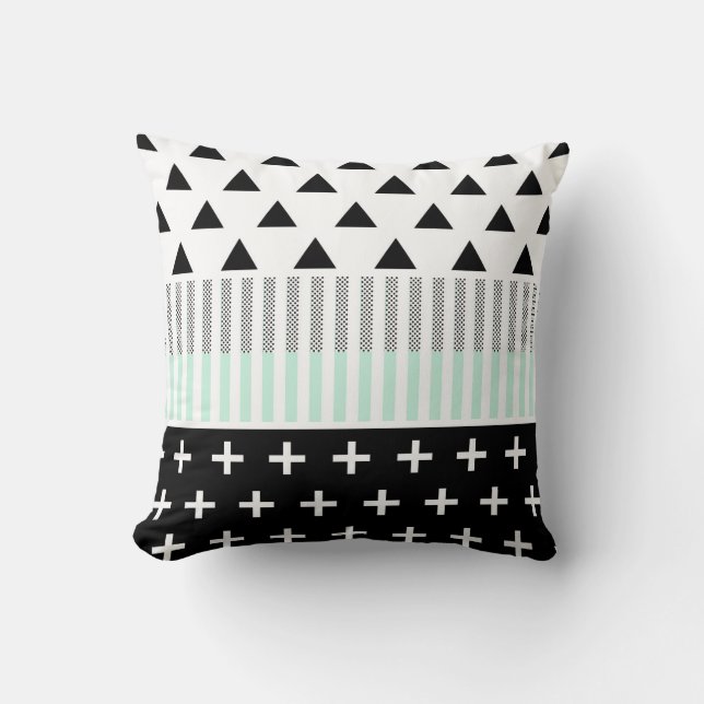 Modern Elegant Mint, Black,  & White Shapes Cushion (Front)