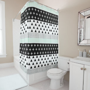 Modern Elegant Mint, Black,  & White Shapes Shower Curtain