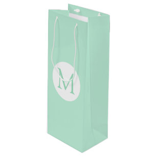 Modern Elegant Mint Green Colour White Monogram Wine Gift Bag