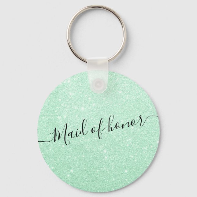 Modern elegant mint green glitter maid of honour key ring (Front)