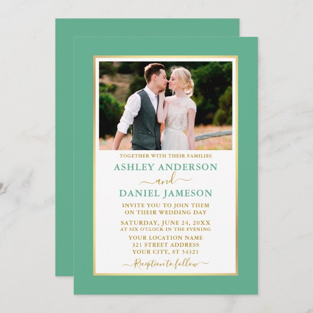Modern Elegant Mint Green Gold Wedding Invitation (Front/Back)