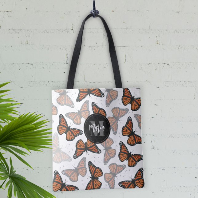 Modern Elegant Monarch Butterfly Monogrammed  Tote Bag (Creator Uploaded)