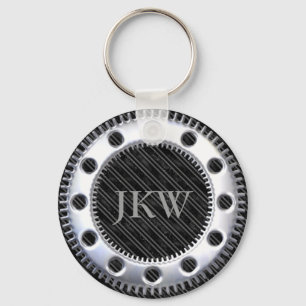 Modern Elegant Monogram Black and Grey Striped Key Ring