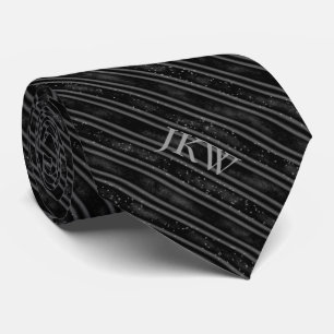 Modern Elegant Monogram Black and Grey Striped  Tie