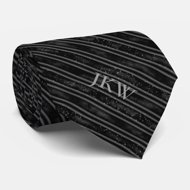 Modern Elegant Monogram Black and Grey Striped  Tie (Rolled)