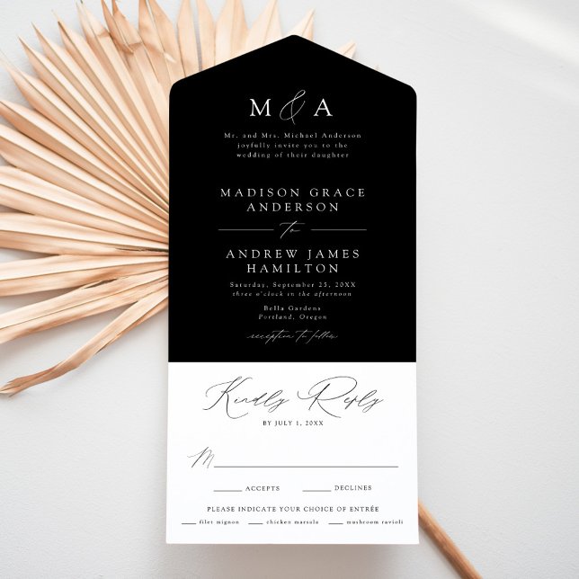 Modern Elegant Monogram Black and White Wedding All In One Invitation (Creator Uploaded)