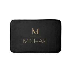 Modern Elegant Monogram  Black & Gold  Bath Mat
