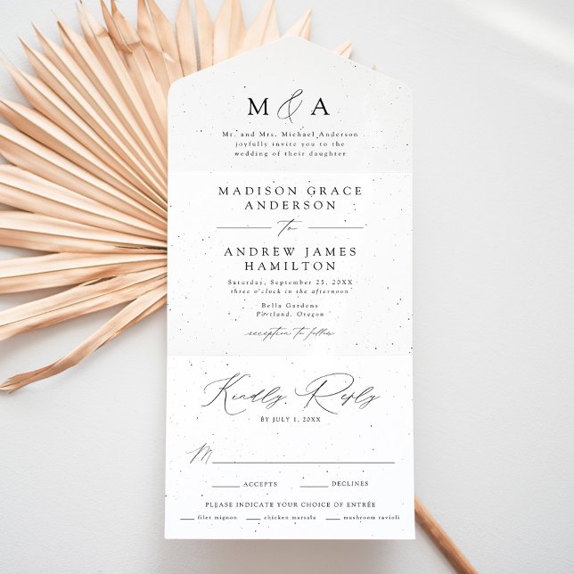 Modern Elegant Monogram Black Speckled Wedding All In One Invitation (Creator Uploaded)