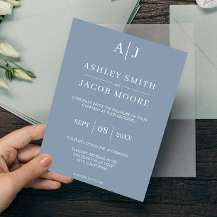 Modern Elegant Monogram Dusty Blue Wedding Invitation