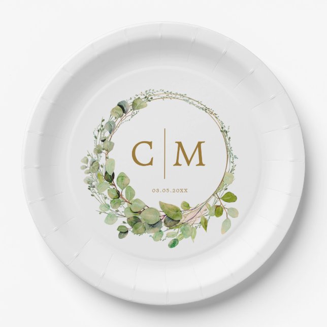 Modern, elegant monogram, eucalyptus wedding  paper plate (Front)