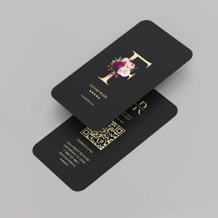Modern Elegant Monogram F Floral Rose Black Business Card