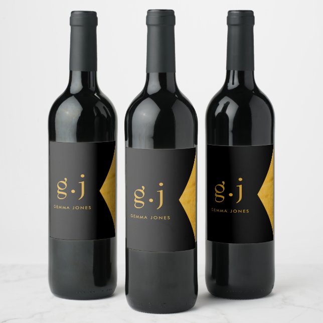 Modern Elegant Monogram Gold Black Faux Foil  Wine Label (Bottles)