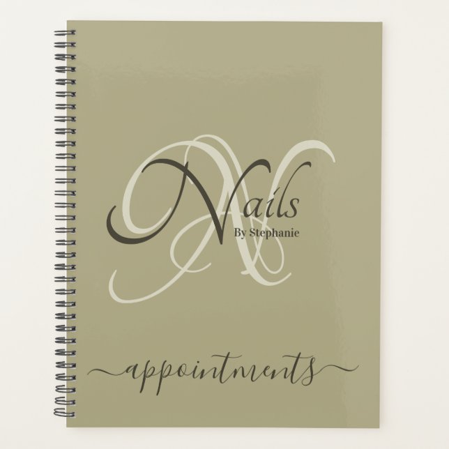 Modern Elegant Monogram Green Nail Artist Appt Planner (Front)