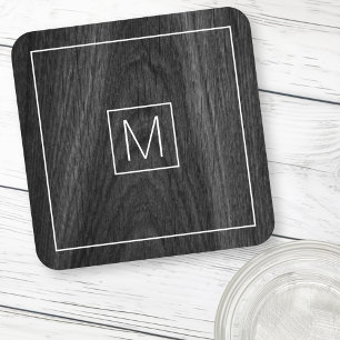 Modern elegant monogram initial black wood grain coaster