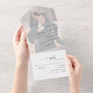 Modern Elegant Monogram Minimalist Photo Wedding All In One Invitation
