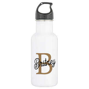 Modern Elegant Monogram Name Black Gold Script 532 Ml Water Bottle