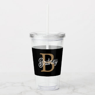 Modern Elegant Monogram Name Black Gold Script Acrylic Tumbler