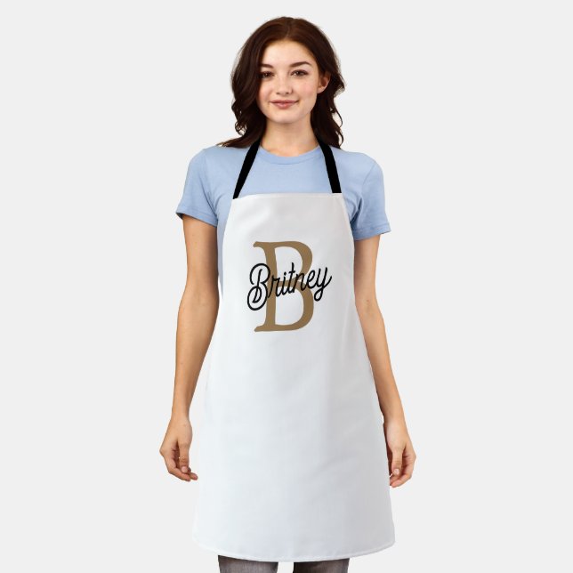 Modern Elegant Monogram Name  Black Gold Script  Apron (Worn)