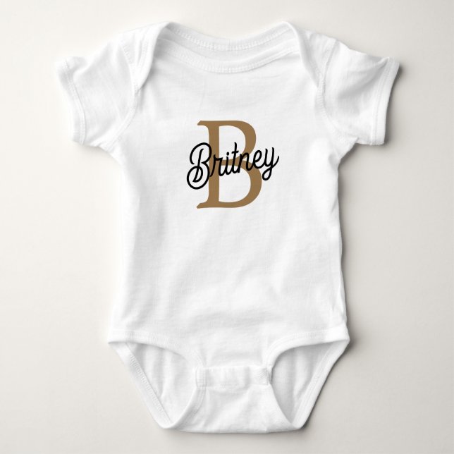 Modern Elegant Monogram Name  Black Gold Script  Baby Bodysuit (Front)