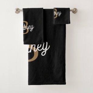 Modern Elegant Monogram Name  Black Gold Script  Bath Towel Set