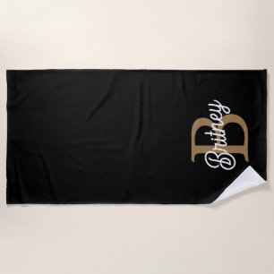 Modern Elegant Monogram Name  Black Gold Script  Beach Towel
