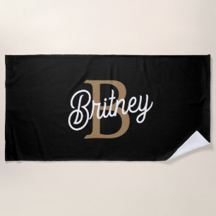 Modern Elegant Monogram Name  Black Gold Script  Beach Towel