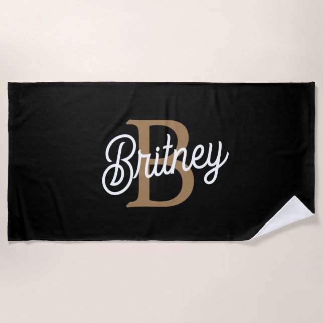Modern Elegant Monogram Name  Black Gold Script  Beach Towel (Front)