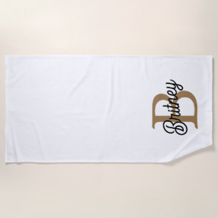 Modern Elegant Monogram Name  Black Gold Script  Beach Towel