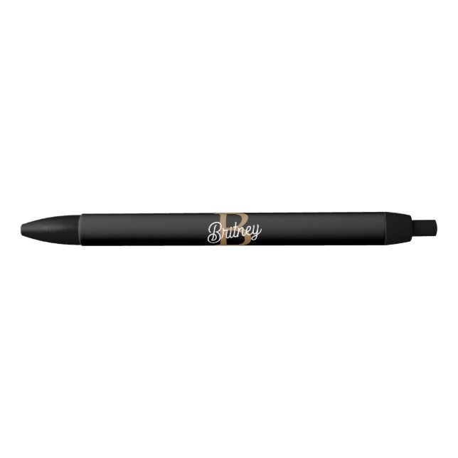 Modern Elegant Monogram Name  Black Gold Script  Black Ink Pen (Front)