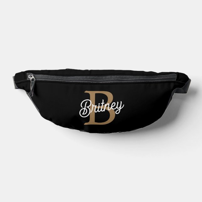 Modern Elegant Monogram Name  Black Gold Script  Bum Bags (Lay Down)