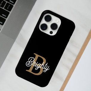 Modern Elegant Monogram Name  Black Gold Script  iPhone 15 Pro Case