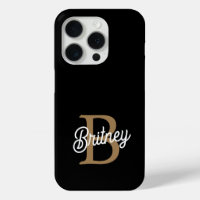 Modern Elegant Monogram Name Black Gold Script