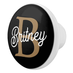 Modern Elegant Monogram Name  Black Gold Script  Ceramic Knob