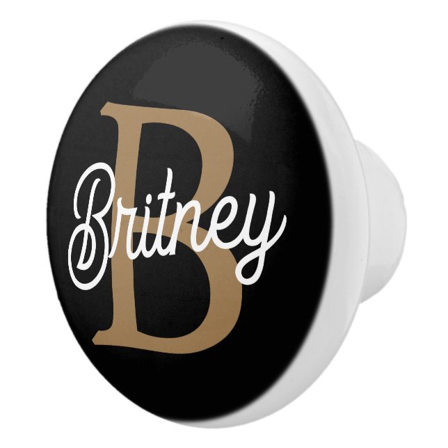 Modern Elegant Monogram Name  Black Gold Script  Ceramic Knob (Right)