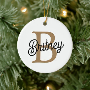 Modern Elegant Monogram Name  Black Gold Script  Ceramic Ornament