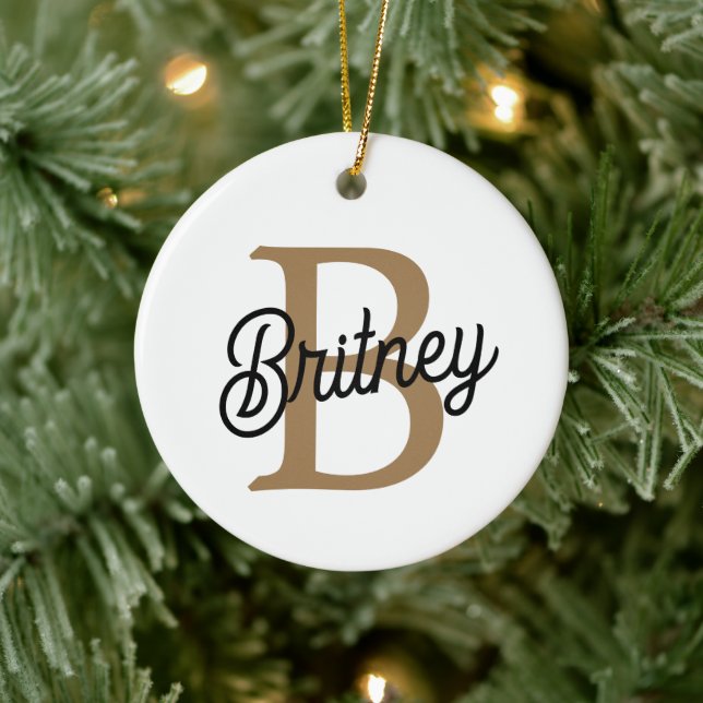Modern Elegant Monogram Name  Black Gold Script  Ceramic Ornament (Tree)
