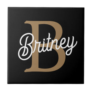 Modern Elegant Monogram Name  Black Gold Script  Ceramic Tile