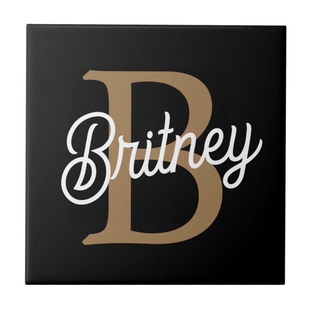 Modern Elegant Monogram Name  Black Gold Script  Ceramic Tile (Front)