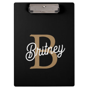 Modern Elegant Monogram Name  Black Gold Script  Clipboard
