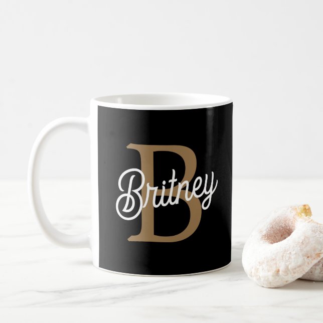 Modern Elegant Monogram Name  Black Gold Script  Coffee Mug (With Donut)
