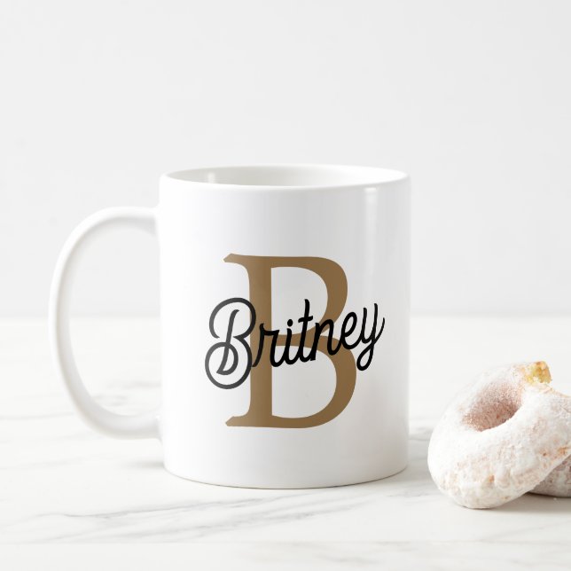 Modern Elegant Monogram Name  Black Gold Script  Coffee Mug (With Donut)