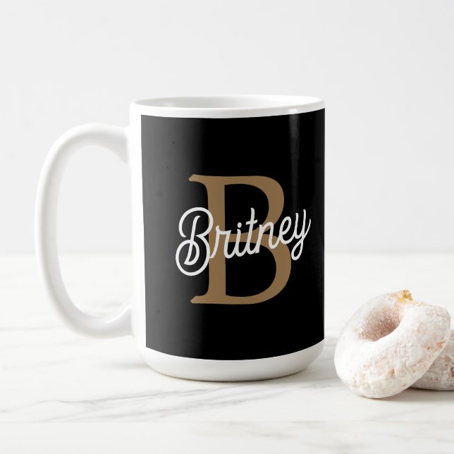 Modern Elegant Monogram Name  Black Gold Script  Coffee Mug (With Donut)