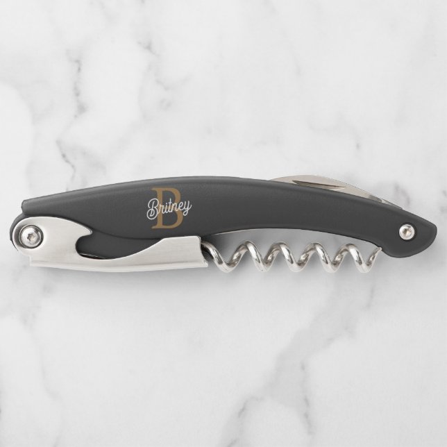 Modern Elegant Monogram Name  Black Gold Script  Corkscrew (Front)