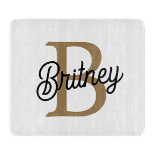Modern Elegant Monogram Name  Black Gold Script  Cutting Board